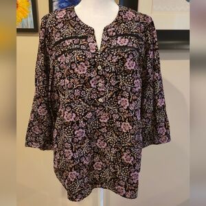 J. Jill M Floral Button-Front Black Couduroy 3/4 Sleeve Blouse W/ Floral Design